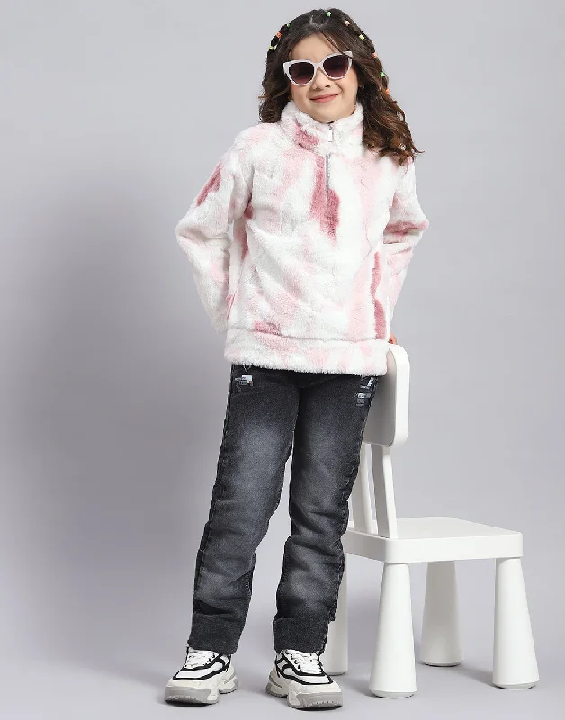 Girls Pink Printed H Neck Full Sleeve Sweatshirt