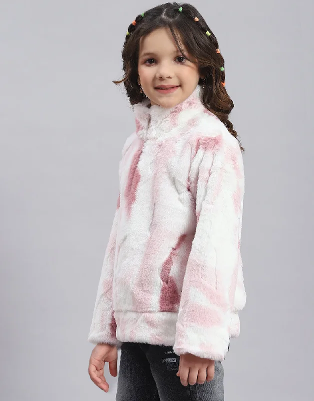 Girls Pink Printed H Neck Full Sleeve Sweatshirt