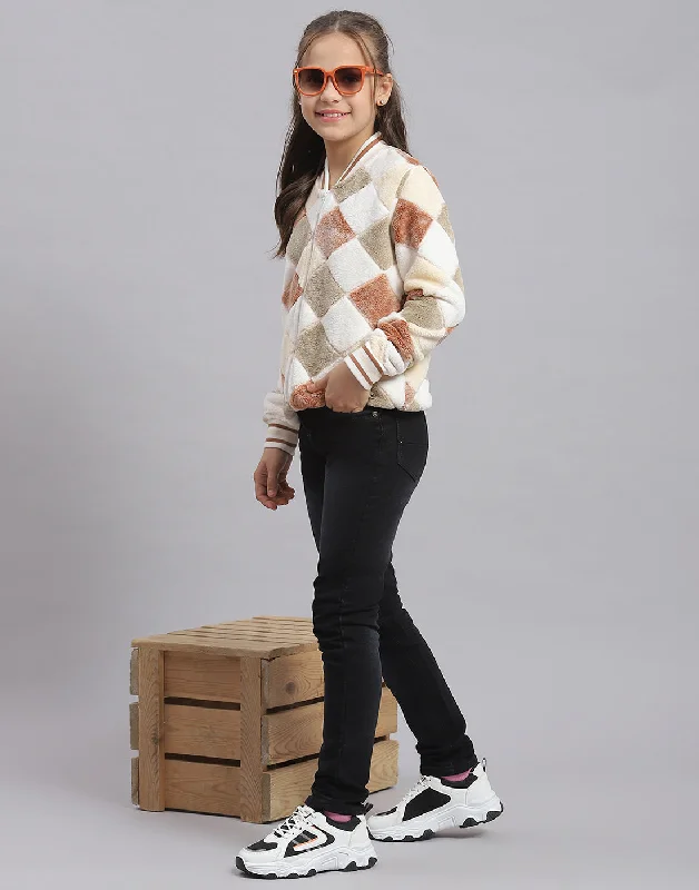 Girls White Printed Mandarin Collar Full Sleeve Sweatshirt