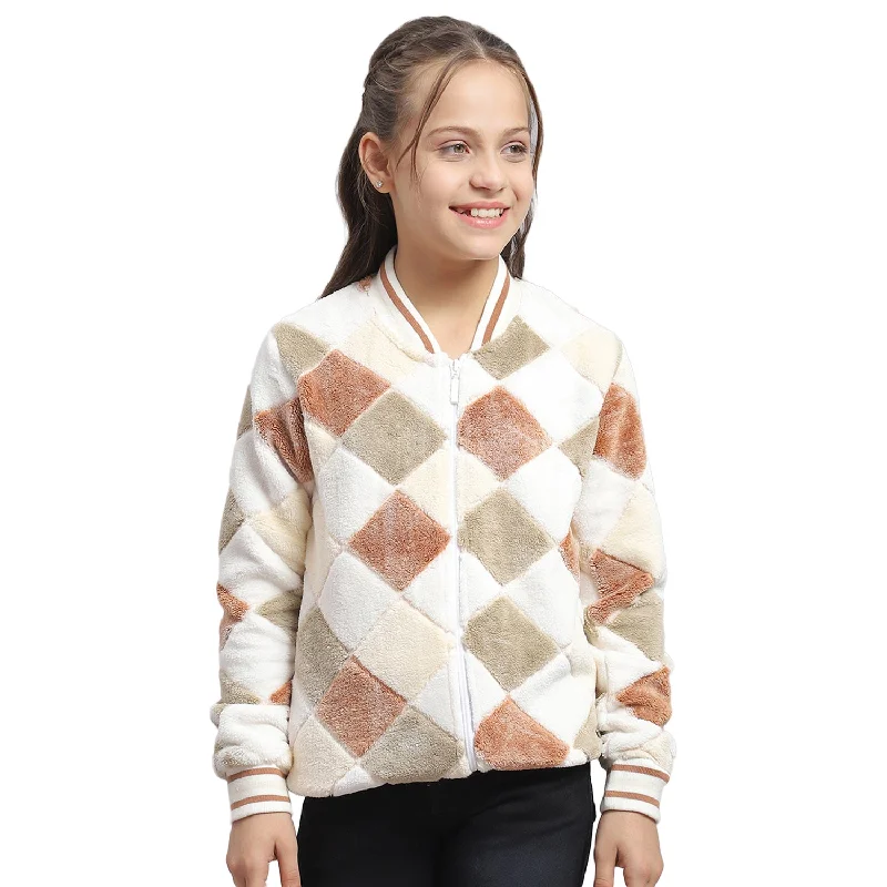 Girls White Printed Mandarin Collar Full Sleeve Sweatshirt