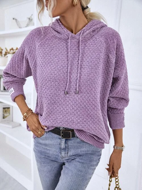 Texture Drawstring Long Sleeve Hooded Sweater