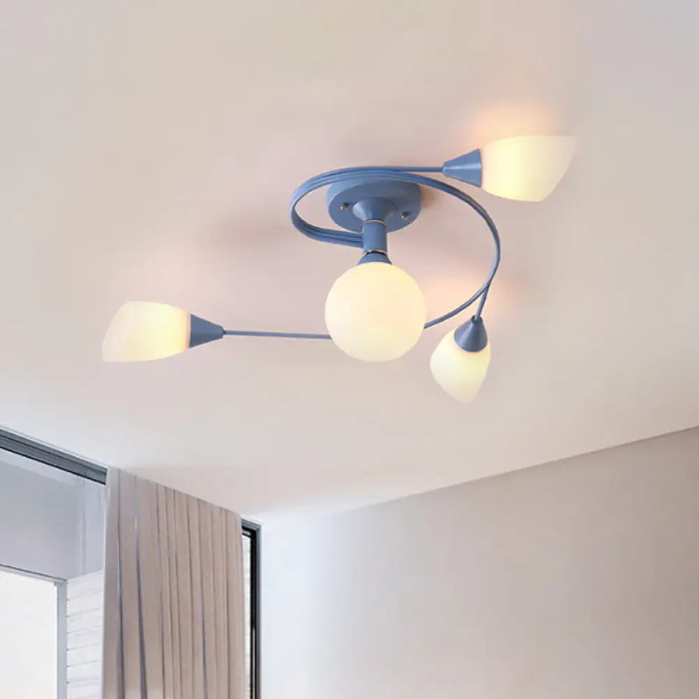 Chandeliers with Metal Frames in Copper FinishChandeliers with Metal Frames in Copper FinishCurly Semi Flush Mount Ceiling Lamp with Nordic Iron & White Glass Shade - 4/6 Head Options in Grey, Pink, or Yellow